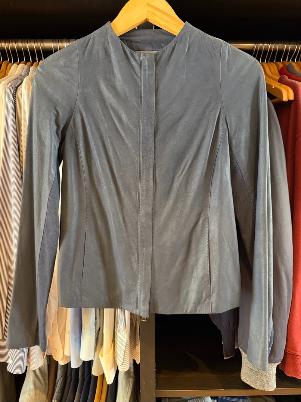 Vince Navy Collarless Leather Jacket
